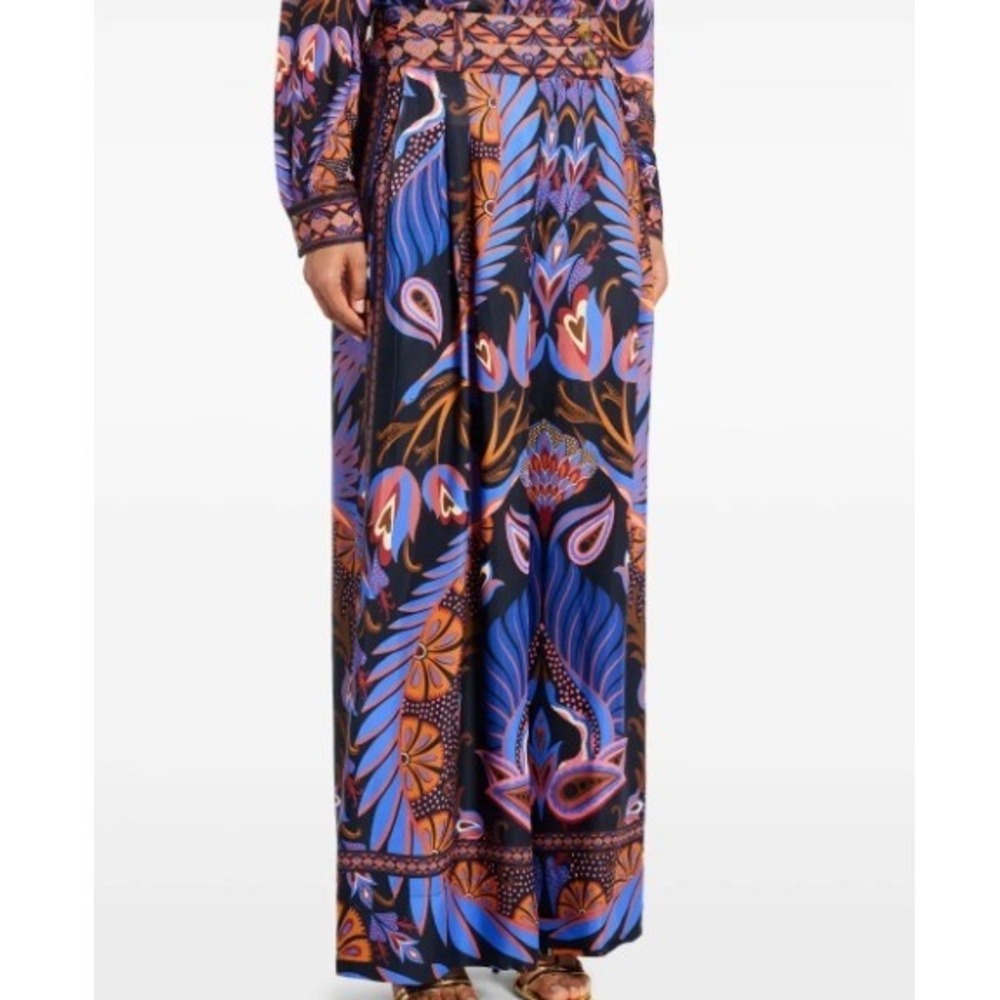 FARM Rio Women's Medium Blue Black Heart Forest Wide Leg Trousers Abstract Chic